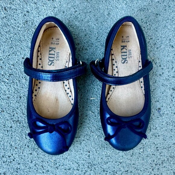 M&S Blue Ballet Flats Girls US 8.5 EU 25.5 Mary Jane Toddler Girl Shoes Bows - Picture 8 of 9